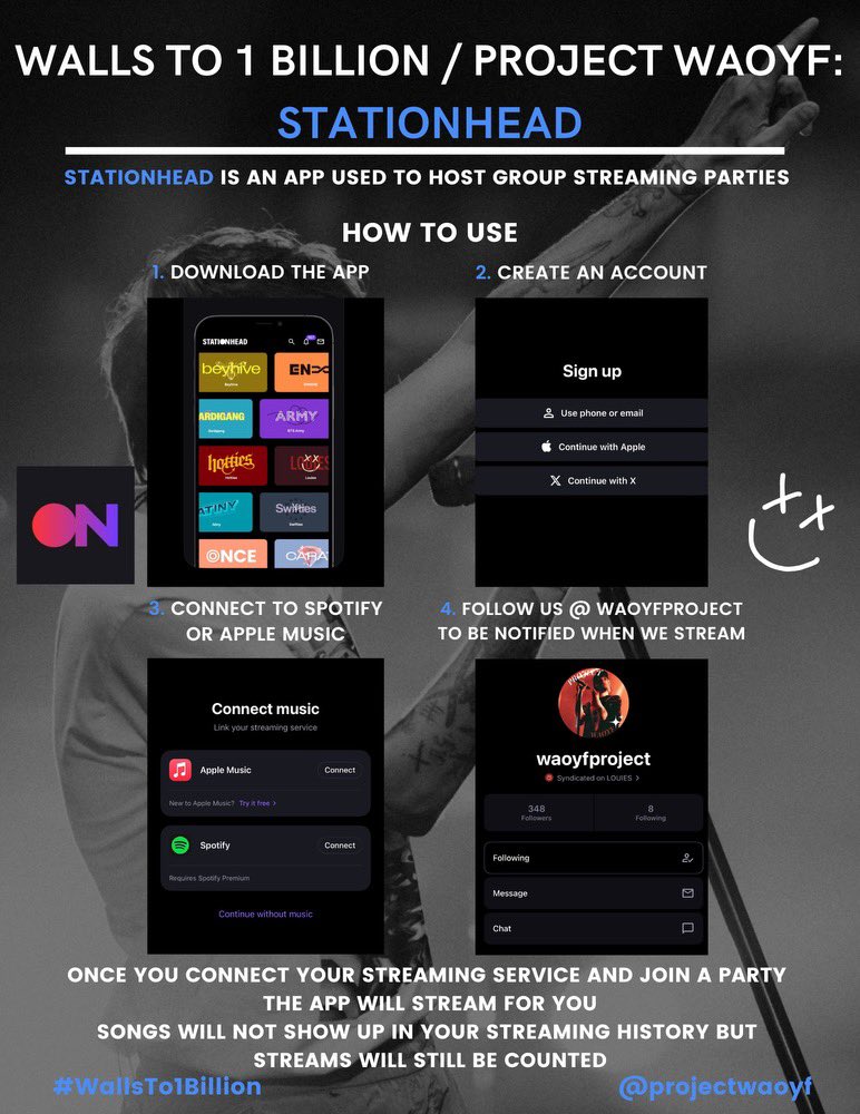 projectwaoyf's tweet photo. for all those who don’t know how to use stationhead, hears a guide!!! trust us it’s very simple🎸
ready for a long stream in honour of fitf day tomorrow??
#WallsTo1Billion #PROJECTWAOYF https://t.co/wvZE2z5T9j