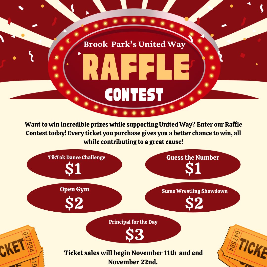 Please assist us with raising money for a good cause by allowing your student to participate in our Brook Park United Way Campaign! 

🧢 Hat Day - Wednesday, November 13
🍿 PJ &amp; Popcorn Day - Friday, November 15
🎟️ Raffle Ticket Contest - November 11 - November 22