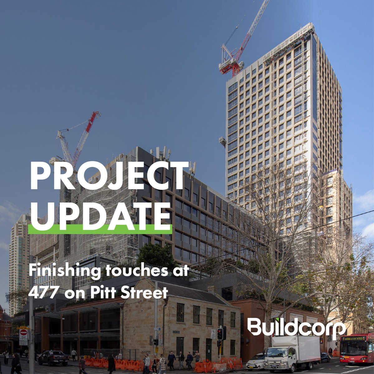 FINISHING TOUCHES | We’re nearing the completion of our major façade uplift work at 477 on Pitt Street, closing in on over 2,405 GRC panels being installed across the 32-level tower. More here: buildcorp.com.au/news