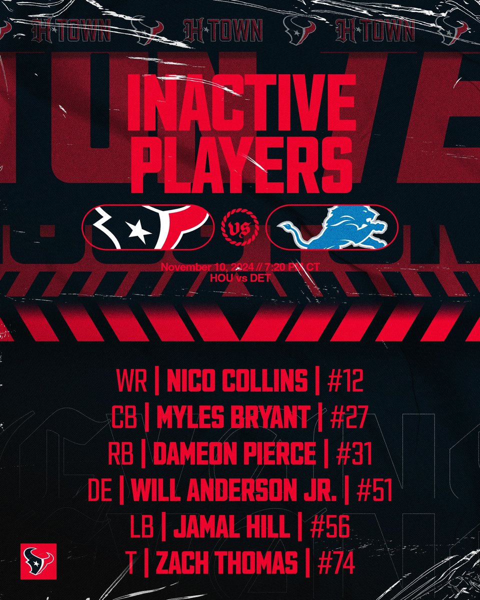 HoustonTexans's tweet photo. Tonight’s inactives for #DETvsHOU ⬇️ https://t.co/CmCbI5oU0A