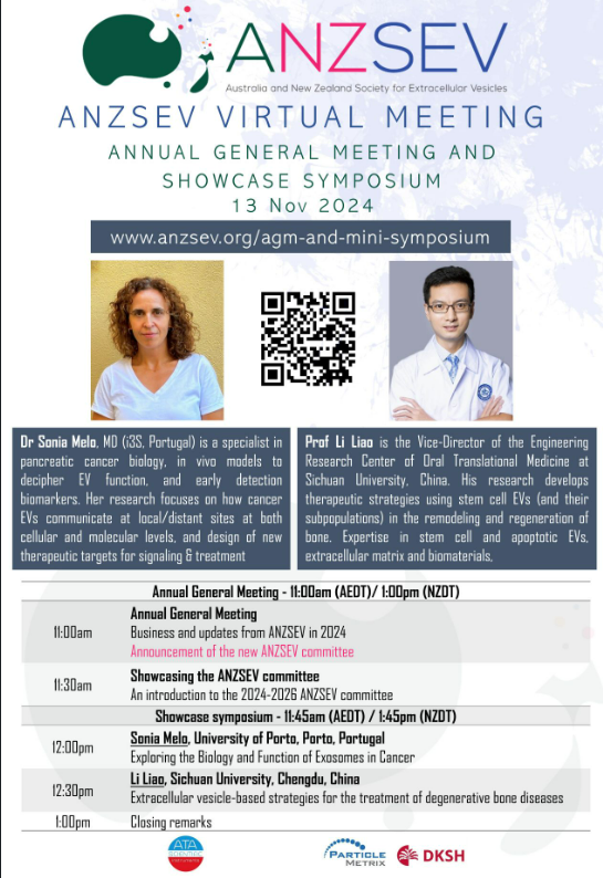 ANZSEVresearch's tweet photo. Join us for an ANZSEV AGM + an international showcase symposia!
13 November 2024, 11:00 AEDT, Virtual (free)
Registration: https://t.co/aogXTdUInm
Meet the #ANZSEV  new committee and listen to fascinating talks from #EVs experts Sonia Melo and Li Liao @SNEVresearch @IsevOrg https://t.co/UMBKHFERMH