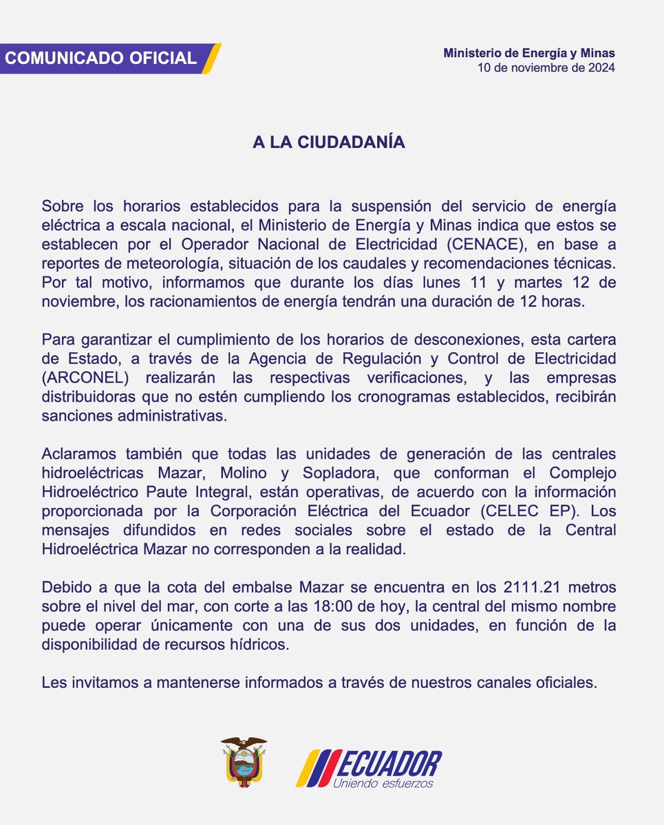 ViceminEnergia's tweet image. 📍[COMUNICADO OFICIAL]

📌Sobre la situación actual del sistema energético nacional y la programación de racionamientos del servicio de energía eléctrica, informamos lo siguiente⤵️