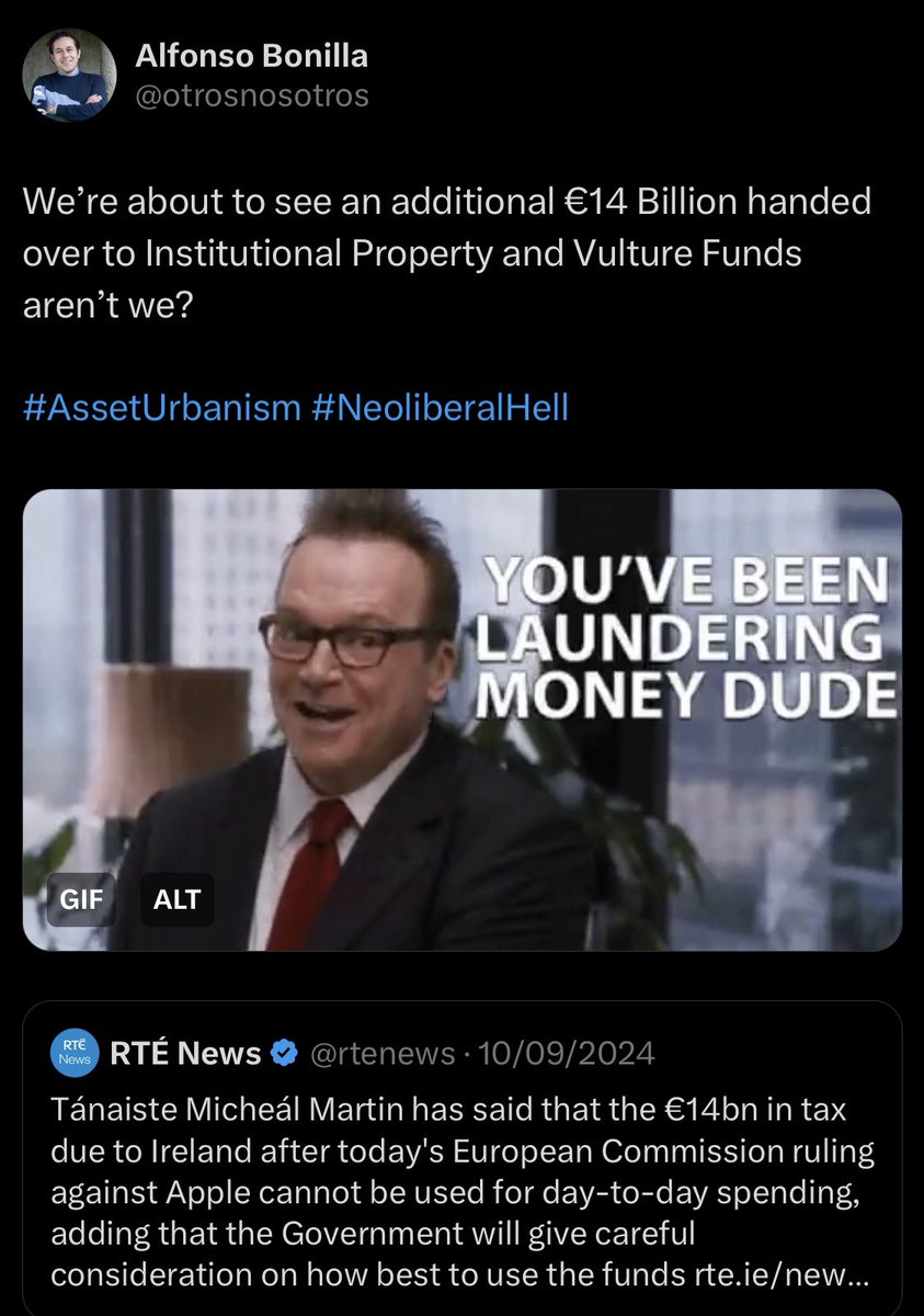 otrosnosotros's tweet photo. Called it in September.
@FineGael’s weapon of choice is plundering the exchequer and transferring wealth to the private sector, extinguishing affordability and turning Ireland into a Petri dish for #AssetUrbanism.
#NeoliberalHell #VoteThemOut https://t.co/KrJk3iDif2