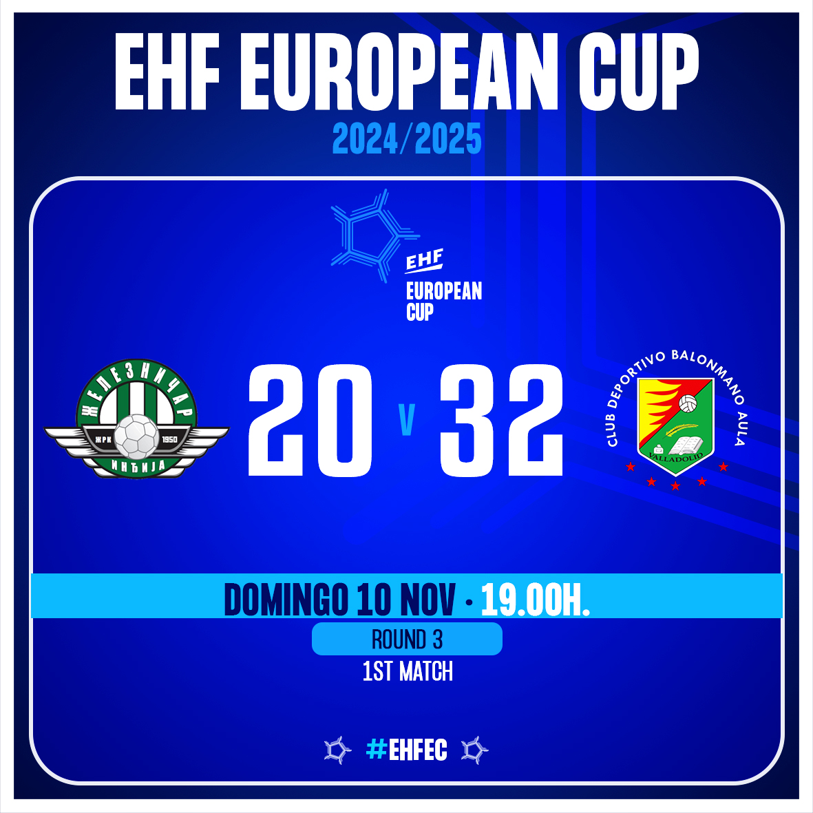 🏆 #EHFEuropeanCup
📌 Round 3
⏱ 60' - Final

🆚 #ZRKZeleznicar 20:32 <a href="/BmAulaCultural/">CD Balonmano Aula</a>

🎙️ ¡Golpe sobre la mesa de Caja Rural Aula Valladolid, que acaricia el Last 16!

#⃣ #EHFEC