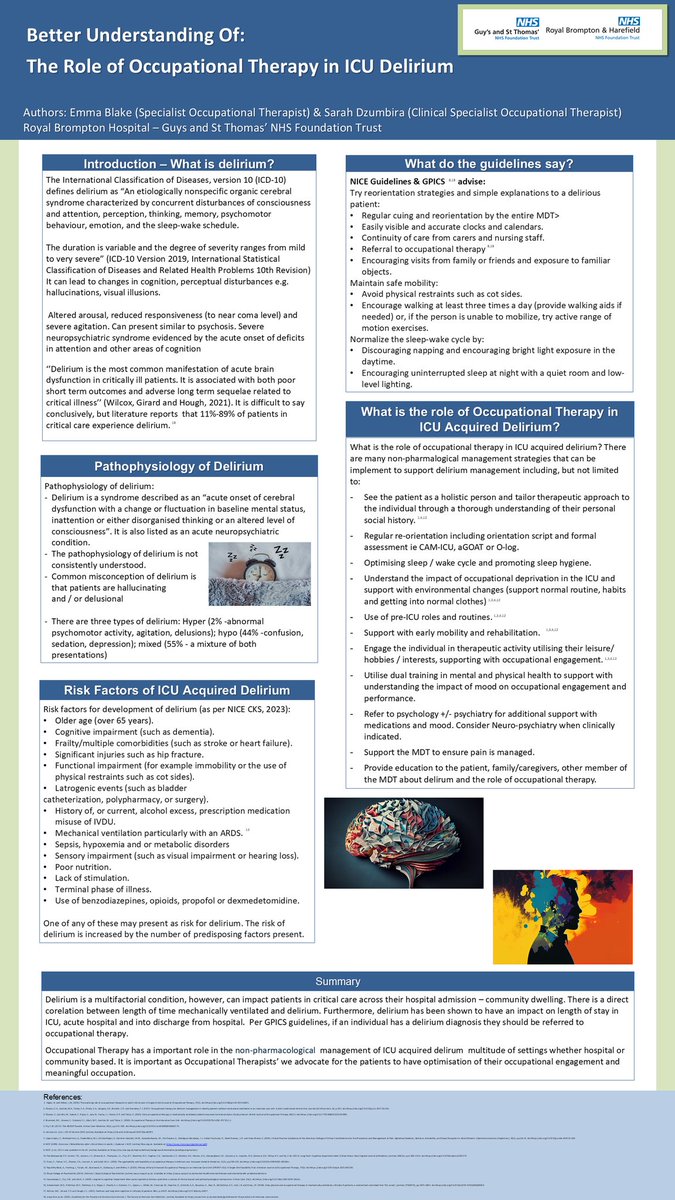 Sarah Dzumbira (@sarah_dzu_ot) on Twitter photo On the final day of #OccupationalTherapyWeek2024
Today's theme is a super interesting one #delirium & was prepared by <a href="/EmmaBtheOT/">Emma Blake</a> &myself
'Better Understanding of: The Role of Occupational Therapy in ICU Acquired Delirium'
<a href="/ICUsteps/">ICUsteps</a>
<a href="/ICS_updates/">Intensive Care Society 💙</a>
<a href="/GSTT_ICU/">Guy's & St Thomas' NHS Trust Critical Care</a>
@otstephaniemy On the final day of #OccupationalTherapyWeek2024
Today's theme is a super interesting one #delirium & was prepared by <a href="/EmmaBtheOT/">Emma Blake</a> &myself
'Better Understanding of: The Role of Occupational Therapy in ICU Acquired Delirium'
<a href="/ICUsteps/">ICUsteps</a>
<a href="/ICS_updates/">Intensive Care Society 💙</a>
<a href="/GSTT_ICU/">Guy's & St Thomas' NHS Trust Critical Care</a>
@otstephaniemy