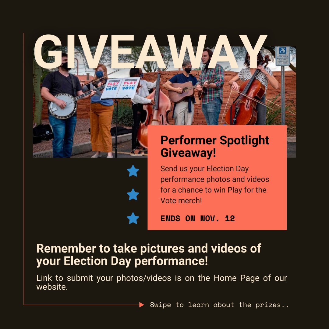 PlayfortheVote's tweet photo. 🎉 Performer Spotlight Giveaway! 🎉

Calling all 2024 Play for the Vote Performers! This is your chance to win some amazing, exclusive merch! Just share your performance photos or videos for a chance to win our Customizable Merch Bundle for you and your fellow performers! https://t.co/uJ0W7sUH2A