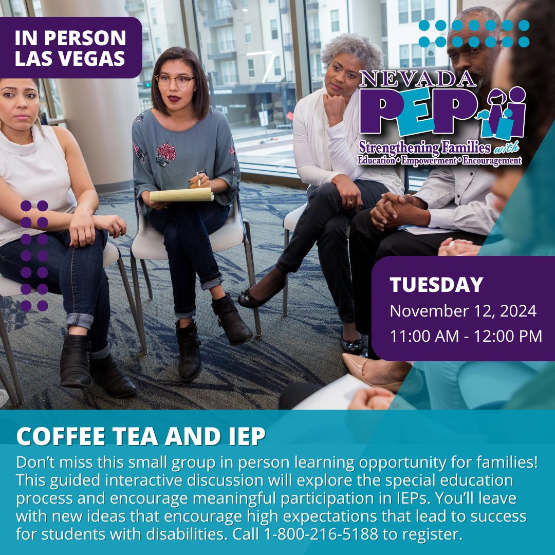 NevadaPEP's tweet photo. Join us to engage in a guided discussion about the special education process. Learn how to actively participate in IEPs to promote success for students with disabilities. Call 1-800-216-5188 to register! 📞
#IEP #SpecialEducation #InclusiveEducation #StudentSuccess #IEPTraining https://t.co/kAX80Stcw9