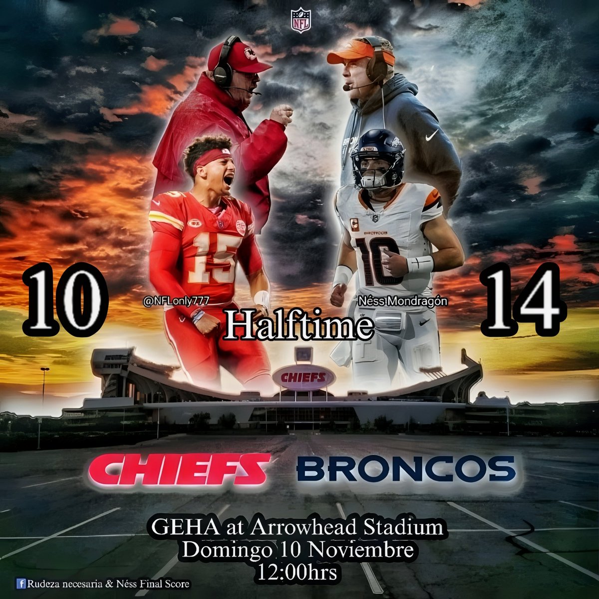 Gracias a las lagrimas de Mahomes y a la ayuda celestial acostumbrada de los referees tenemos el score al medio tiempo en el GEHA at Arrowhead Stadium <a href="/Broncos/">Denver Broncos</a>  14 <a href="/Chiefs/">Kansas City Chiefs</a> 10, que nos depara la segunda mitad? <a href="/ivantalavera/">“El coach” Talavera</a> <a href="/jovche2/">Juan Olivares</a> y amigos de <a href="/BroncosEspanol/">Broncos En Español</a> <a href="/DenverBroncosMx/">Denver Broncos MX 🇲🇽</a>