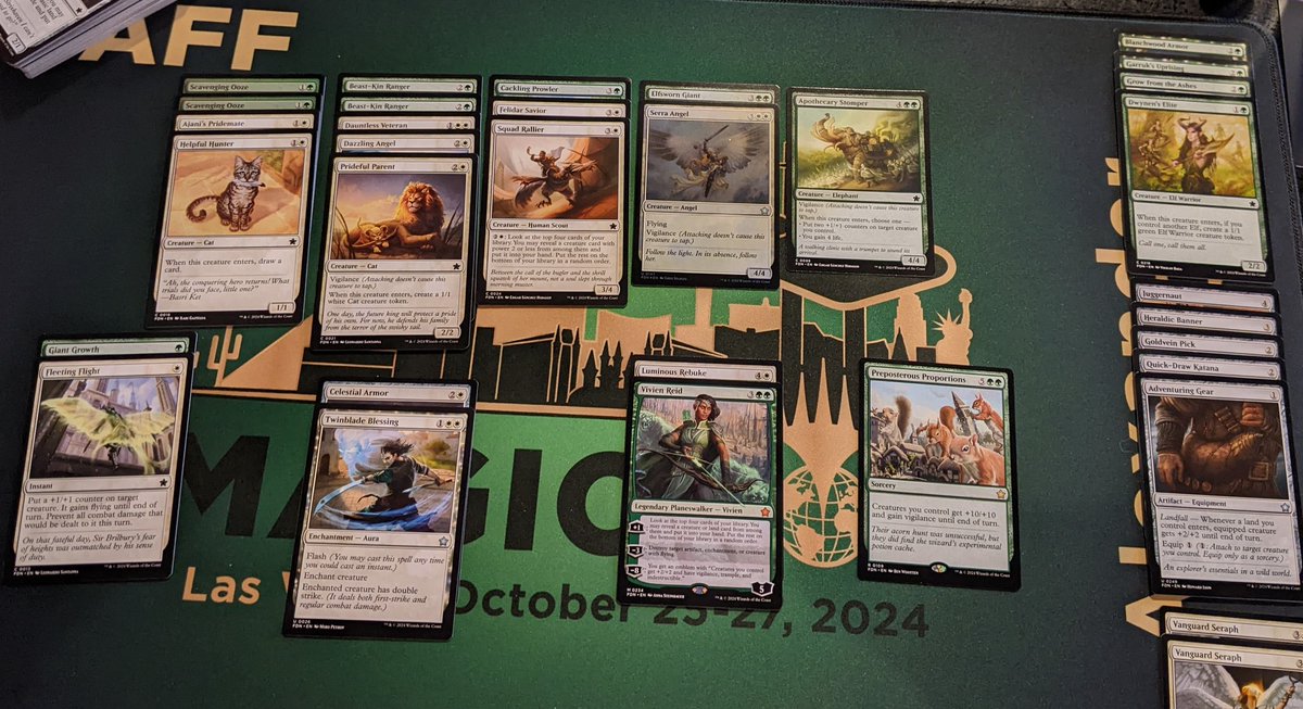 Agonizing over card #23 at Prerelease. Goldvein Pick, Adventuring Gear, and Heraldic Banner all feel good here.

#MTGFoundations #Prerelease #wotcstaff