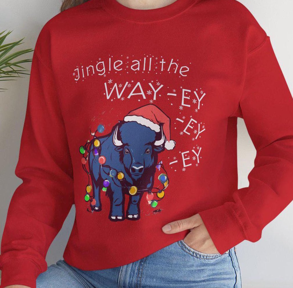 buffalumps's tweet photo. It’s halftime, so it’s time to sling some shirts. Check out the stampede shack pop up store for fresh Bills gear including a new holiday themed sweatshirt! https://t.co/viNU91RBwd https://t.co/yy5Iju4abh