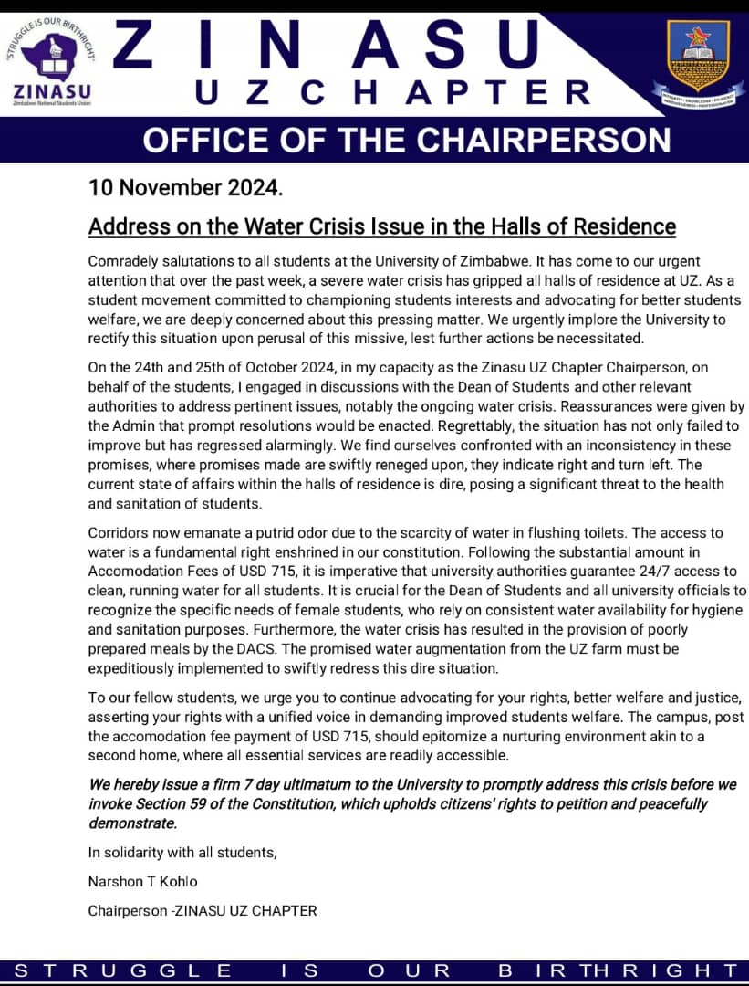Scarcity of water at a state university like the University of Zimbabwe reflects a total failure of the administration. Inadequate water supply leads to an unhygienic environment, resulting in excessive diseases and,ultimately, the loss of students' lives. #solvethisproblem7days