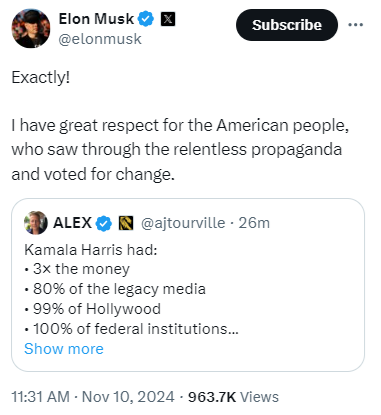 4HumanUnity's tweet photo. Nice try, Elon, but you got it backwards here. The “relentless propaganda” voters had to sift through wasn’t from Hollywood or the “legacy media” – it was a tidal wave of right-wing disinformation, magnified a thousand times by social media and foreign actors playing along for chaos. Russia, China, and Iran had their fingerprints all over this election with armies of bots and fake accounts, feeding folks “news” they want to hear and spinning every lie to keep people divided.
Let’s get real about the numbers Musk’s cheerleader here threw out, too. Saying Kamala had “100% of federal institutions” is a laugh. Federal agencies are bound to remain nonpartisan, and the actual reports from these agencies? They’ve flagged that the bulk of disinformation came from the right and foreign bad actors aiming to rig the conversation, not the other way around.
But let’s not ignore the megaphone Musk’s got himself here, pumping up claims that just don’t hold up. He’s out here telling folks there’s some big conspiracy when, in fact, the disinformation playbook this election was dead-simple: flood the zone with lies, see what sticks, and trust that enough people will look the other way. So no, Elon, people saw through the propaganda, all right, but it wasn’t coming from where you want them to think it was. You had a big part in this.