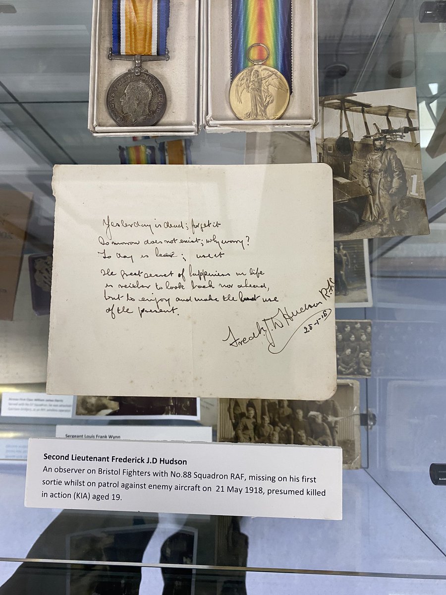 Lucy Marder (@culture_solent) on Twitter photo ‘Yesterday is dead; forget it
Tomorrow does not exist; why worry?
Today is here; use it’
Tragic yet wise lines from 2nd Lt F.J.D Hudson No.88 Squadron RAF, written in Jan 1918 months before killed in action aged 19.
Thank you <a href="/BDACatOldSarum/">Boscombe Down Aviation Collection</a> for a moving #RemembanceDay visit. ‘Yesterday is dead; forget it
Tomorrow does not exist; why worry?
Today is here; use it’
Tragic yet wise lines from 2nd Lt F.J.D Hudson No.88 Squadron RAF, written in Jan 1918 months before killed in action aged 19.
Thank you <a href="/BDACatOldSarum/">Boscombe Down Aviation Collection</a> for a moving #RemembanceDay visit.