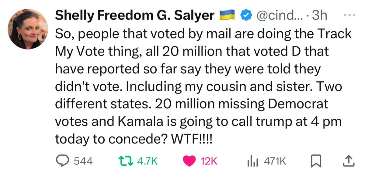 Stopthehate555's tweet photo. @TheOnlyEsta #SomethingIsWrong #DoNotConcedeKamala
#FuckTrump #MoreVotesToCount #TrumpCheated #CheckYourMailBallot #DemandARecount https://t.co/w9fJNzAwWl