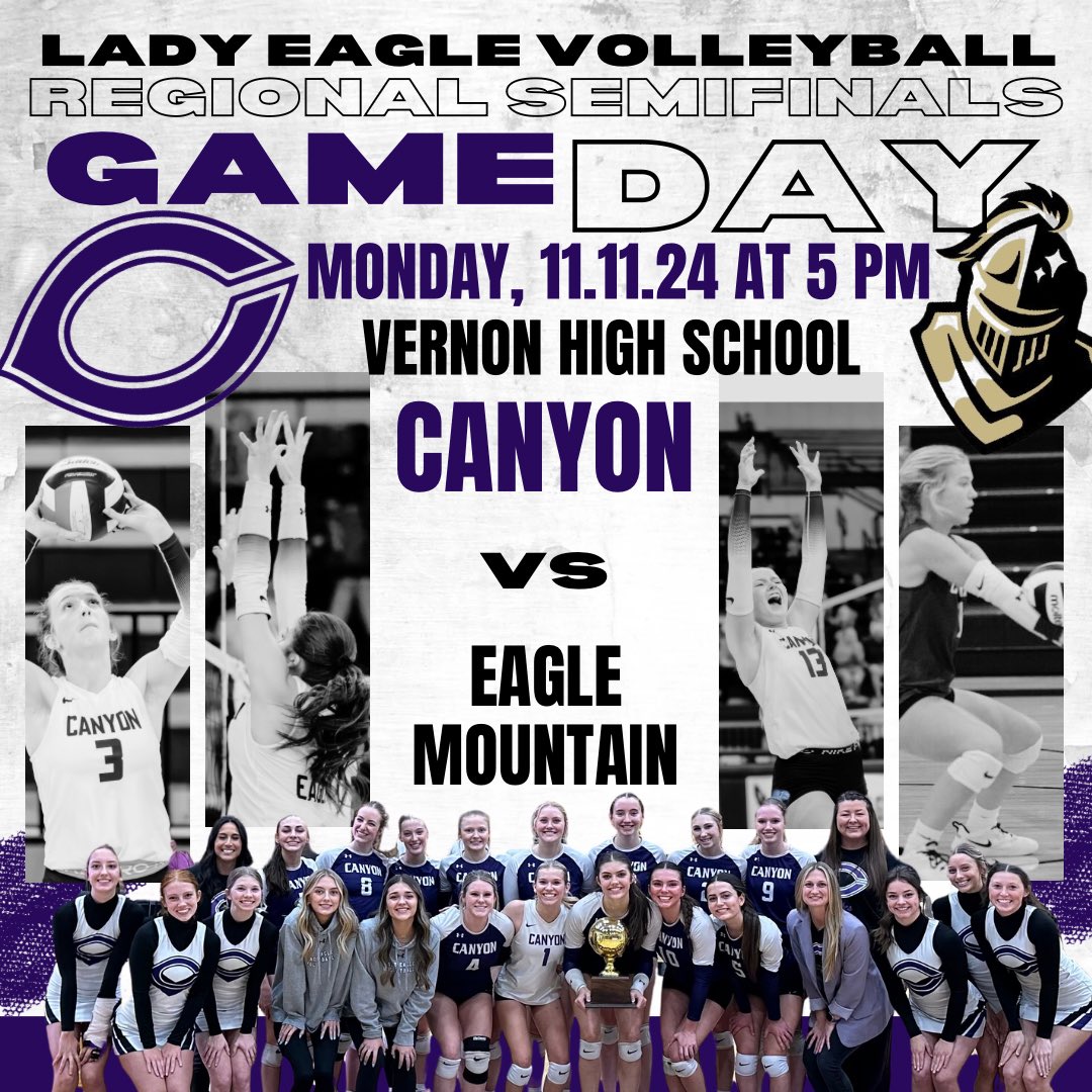 Canyon HS Volleyball (@canyonhsvb) on Twitter photo 🏐REGIONAL SEMIFINALS 🏐
🆚 Eagle Mountain
📅 11.11.24
⏰ 5:00 PM
🏟️ Vernon High School
📍 Vernon, Tx
🦅Let’s Go Lady Eagles!🦅
💜Wear your purple!💜
📣We can’t wait to see you there!!
<a href="/CanyonAthDept/">CanyonISDAthletics</a> <a href="/canyon_hs/">Canyon High School</a> <a href="/CanyonISD/">Canyon ISD</a> <a href="/KaleSteed/">Kale Steed</a> <a href="/NC10Sports/">NewsChannel10 Sports</a> <a href="/KAMRNBC4Sports/">KAMR SPORTS</a> 🏐REGIONAL SEMIFINALS 🏐
🆚 Eagle Mountain
📅 11.11.24
⏰ 5:00 PM
🏟️ Vernon High School
📍 Vernon, Tx
🦅Let’s Go Lady Eagles!🦅
💜Wear your purple!💜
📣We can’t wait to see you there!!
<a href="/CanyonAthDept/">CanyonISDAthletics</a> <a href="/canyon_hs/">Canyon High School</a> <a href="/CanyonISD/">Canyon ISD</a> <a href="/KaleSteed/">Kale Steed</a> <a href="/NC10Sports/">NewsChannel10 Sports</a> <a href="/KAMRNBC4Sports/">KAMR SPORTS</a>