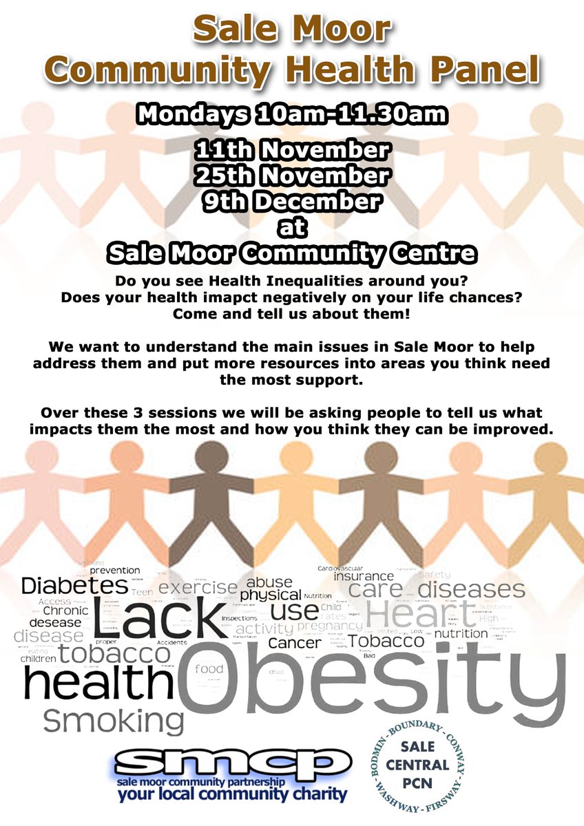 It's  our 1st Community Health Panel on Monday 11th November. 10am at the #SaleMoor  Community Centre. Call in and have a chat about your health care and  needs. Refreshments available. Finish by 11.30am