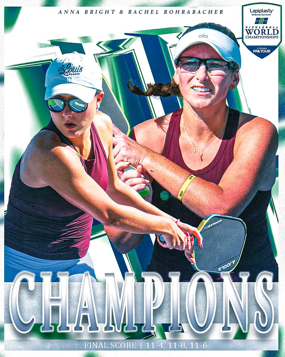 PPAtour's tweet photo. Women’s Doubles Champs 🥇 @annabright108 @rachelrohra

The Lapiplasty® 3D Bunion Correction® Pickleball World Championships 🏆 https://t.co/qXyj8xnEDW