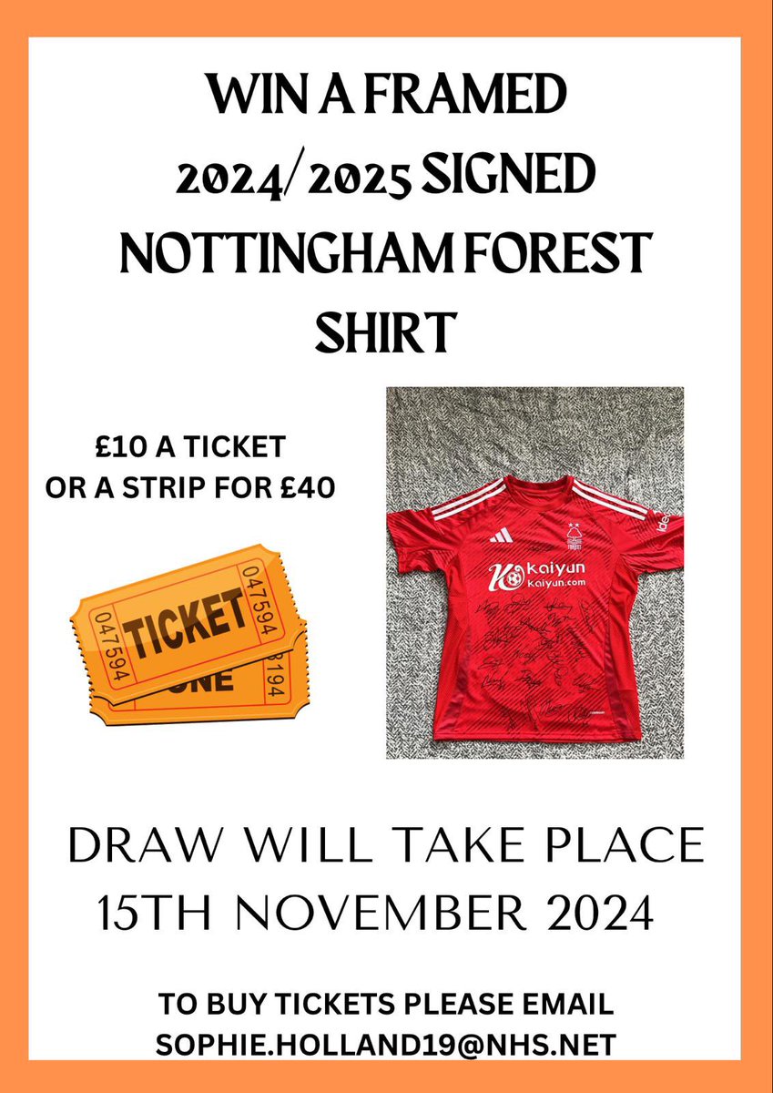 Enter our Raffle now for a signed and framed Forest Shirt from the 2024/2025 team players. If you are interested please contact the email below. £10 a ticket or £40 for a strip. All donations go to help improve D33 for patients and their families🩷