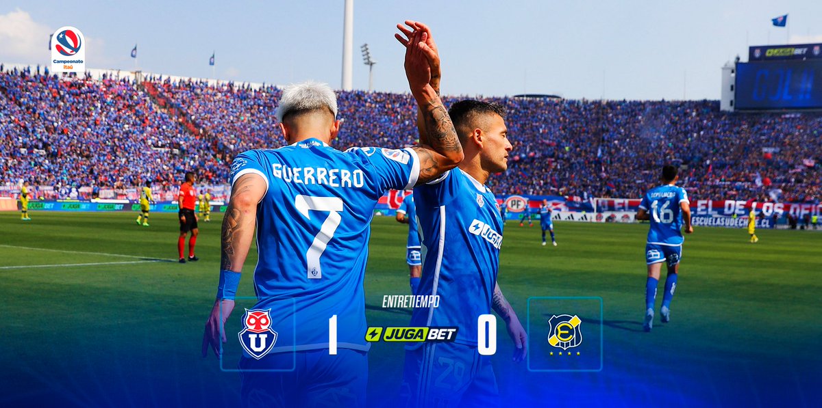 udechile's tweet photo. 45+3’ ⏱️ Entretiempo en el Nacional ⏸️

Con gol de Maximiliano Guerrero, estamos derrotando a Everton por la cuenta mínima.

SEGUIMOS, AZULES 🤘

#UdeChile 1-0 #Everton
#VamosLaU 🔵🔴 https://t.co/OtnltwsznG