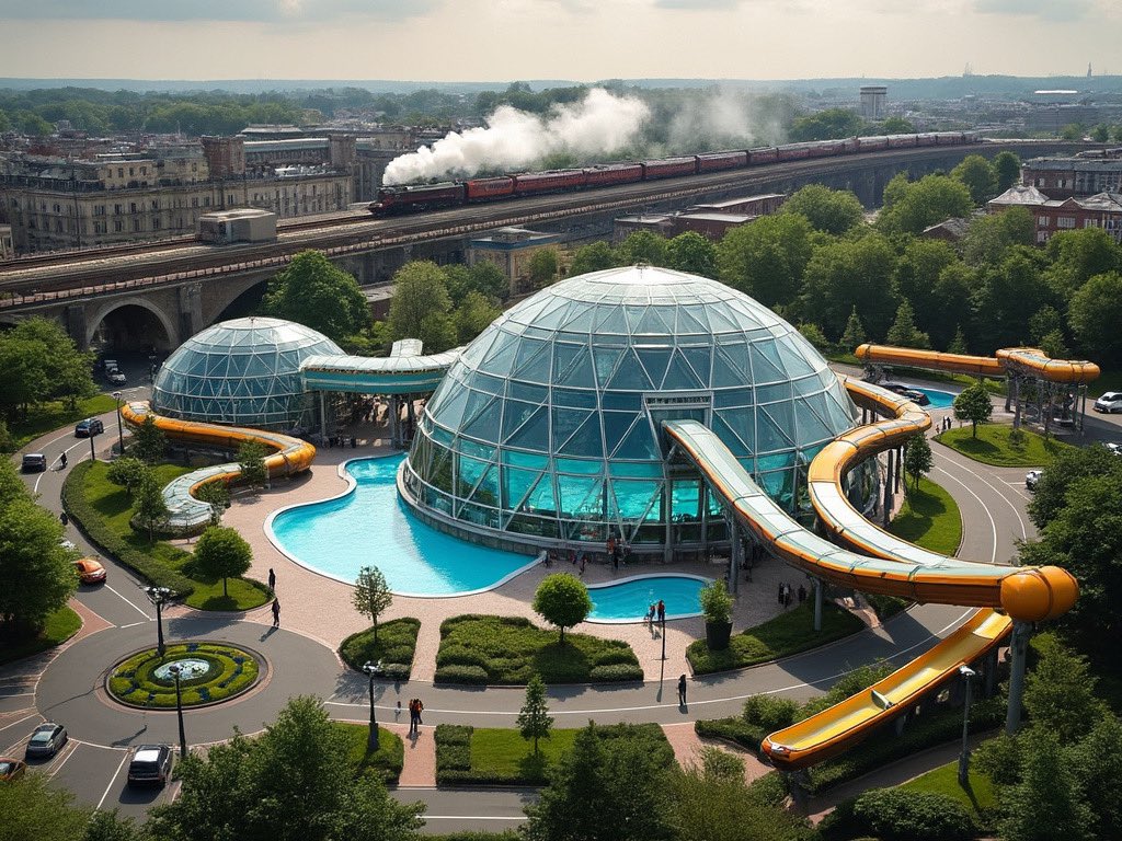 capnbobstoaster's tweet image. Come to New Swindon, where we’ve transformed the iconic Oasis Dome and Magic Roundabout by merging them together! Take a relaxing walk in the beautiful grounds. There’s even a nostalgic steam rail link from the Outlet Village to the Oasis station. This is the future.

@SaveOasis…