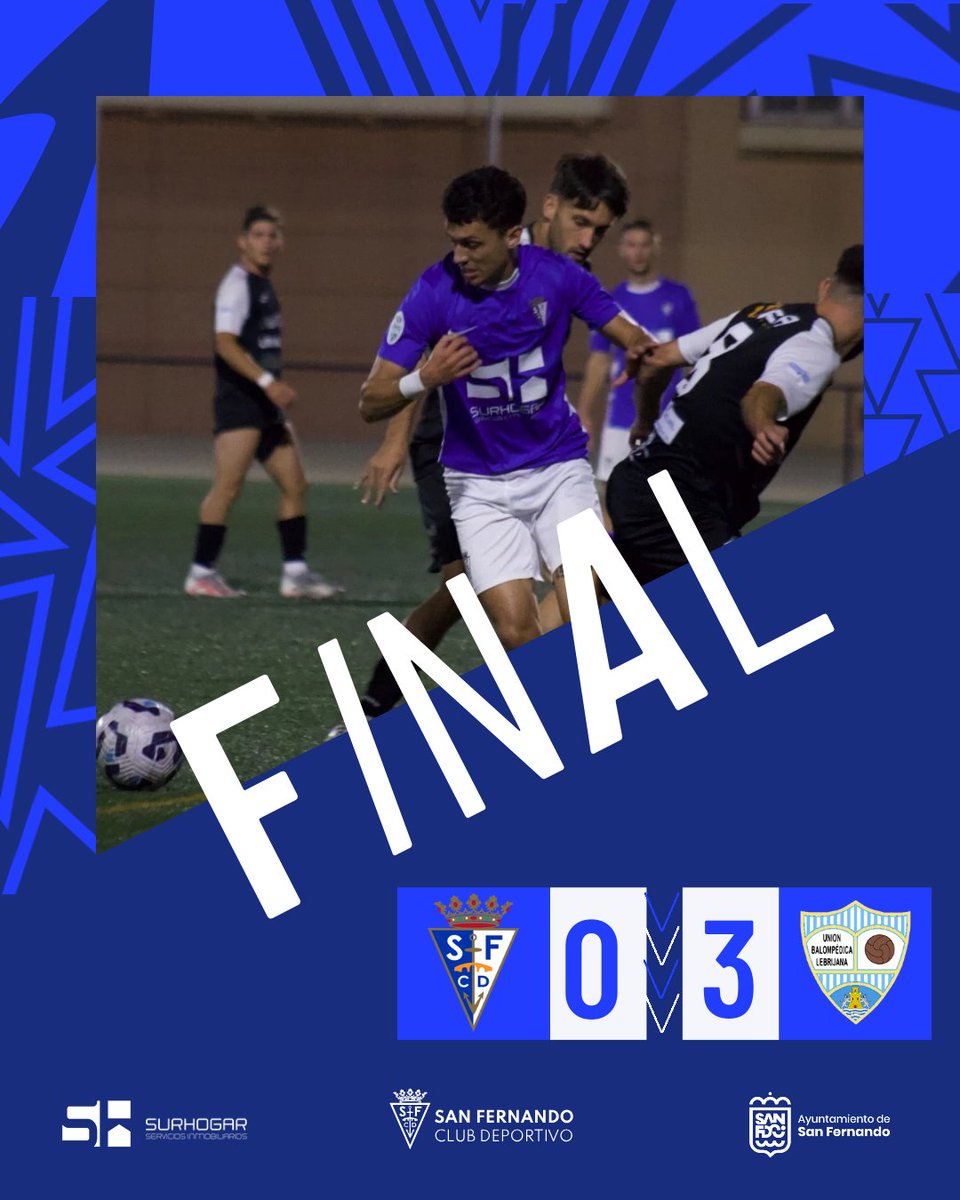 Final del partido. 

0️⃣ #SanFernandoB 
3️⃣ UB Lebrijana

El filial jugó con uno menos desde el minuto 23 y acabó con nueve jugadores sobre el campo.