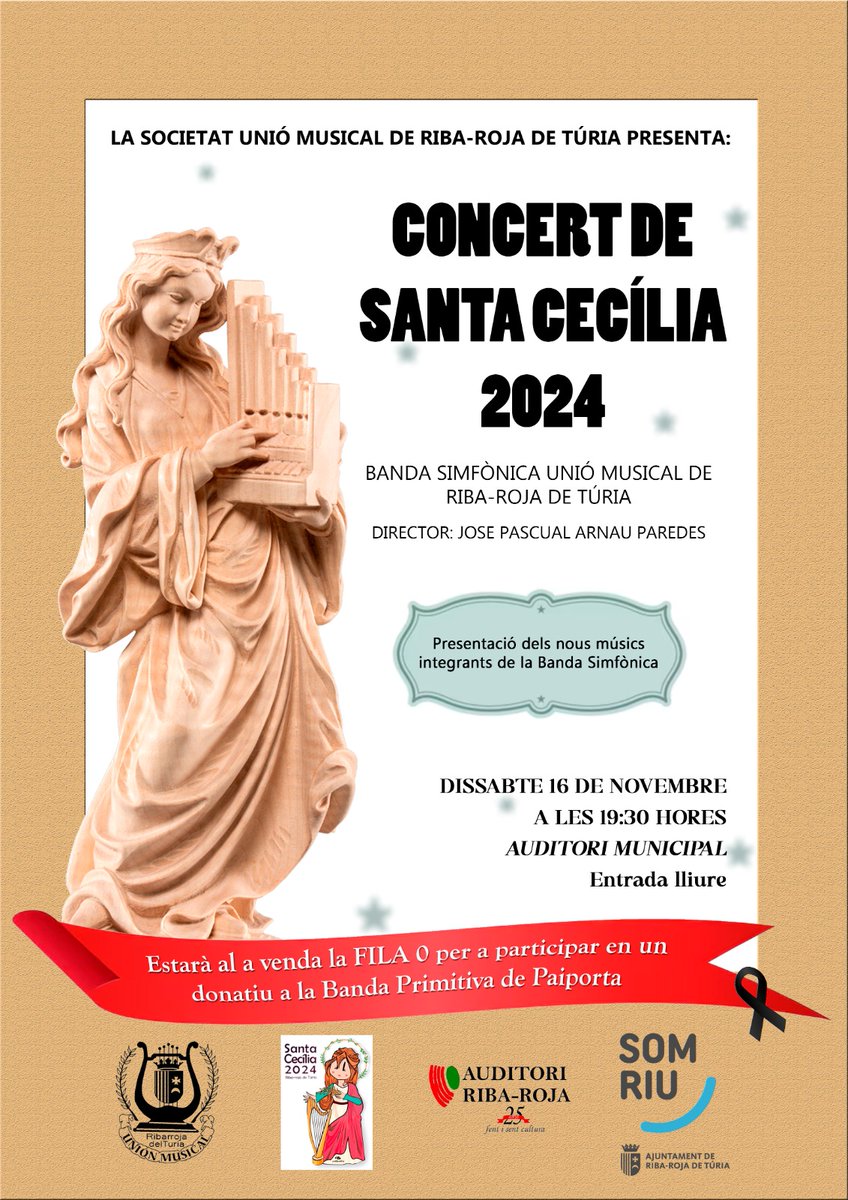 El proper dissabte realitzarem el nostre tradicional concert en honor a Santa Cecília, en el que hem creat, junt a les Clavariesses 2024, la Fila 0 per a participar en un donatiu que es destinarà íntegrament per ajudar a la Banda Primitiva de Paiporta.
Col•labora per la causa ❤️‍🩹
