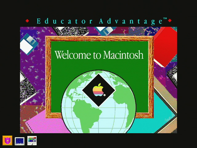 dt_db's tweet photo. Anybody ever seen this Welcome to Macintosh screen before? I just recapped an LC II that still had its original hard drive, and this is how it booted up! Looks like some kind of Apple program from the '90s for teachers. https://t.co/wgiX7SJ4Kg
