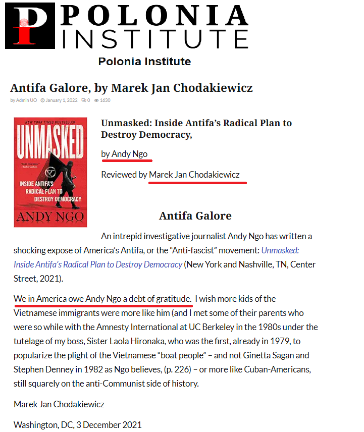 zemantomas's tweet photo. "Mastermind" Chodakiewicz / Institute of World Politics
Review of Ngo's Boook Unmasked: Inside Antifa's Radical Plan to Destroy Democracy
"We in America owe Andy Ngo a debt of gratitude"