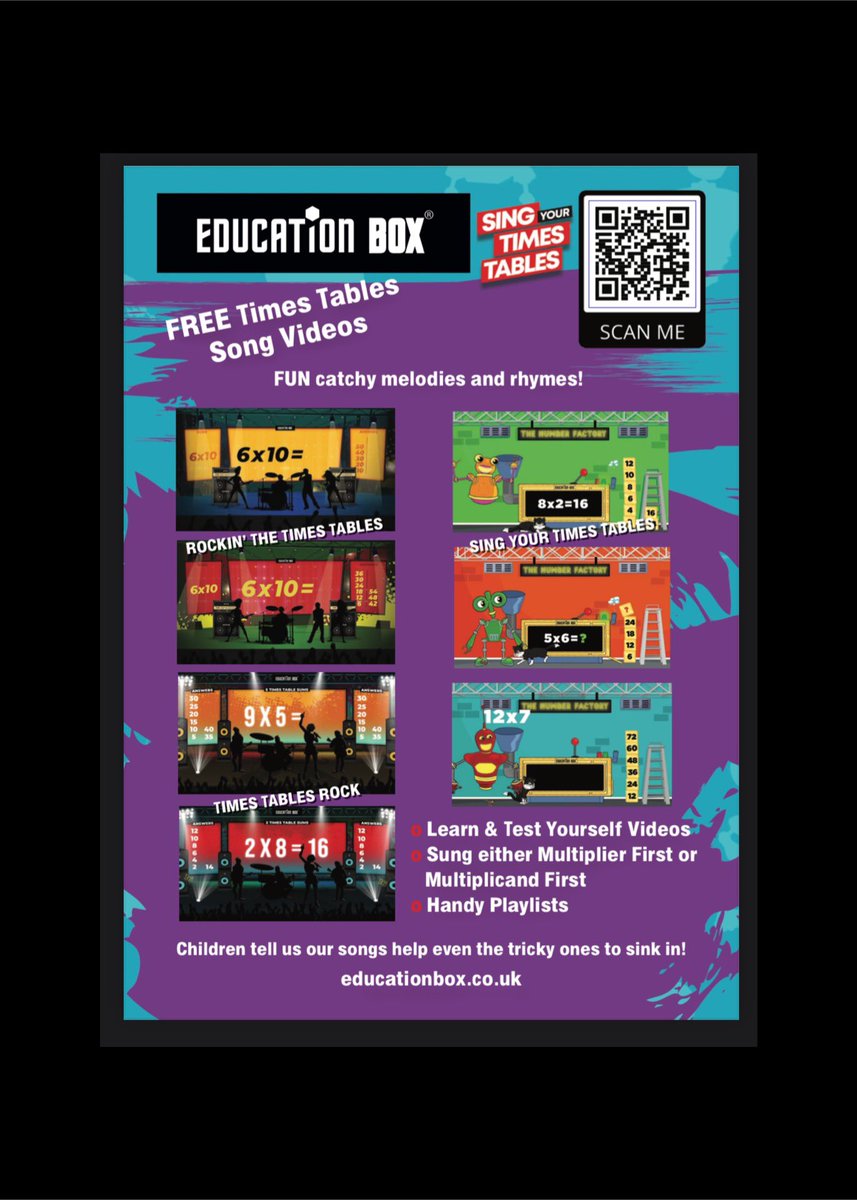 99 FREE Times Tables Music Videos:
 🌈  Sing Your Times Tables with Fizz, Buzz &amp; Whizz! 🤖 
🌈  Times Tables Rock! 🎤 &amp; 
🌈  Rockin’ The Times Tables! 🎸

🎥Watch here: 
youtube.com/@educationboxm…

#timestables #multiplication #y2 #y3 #y4 #timestablesmusic #Chester #familybusiness