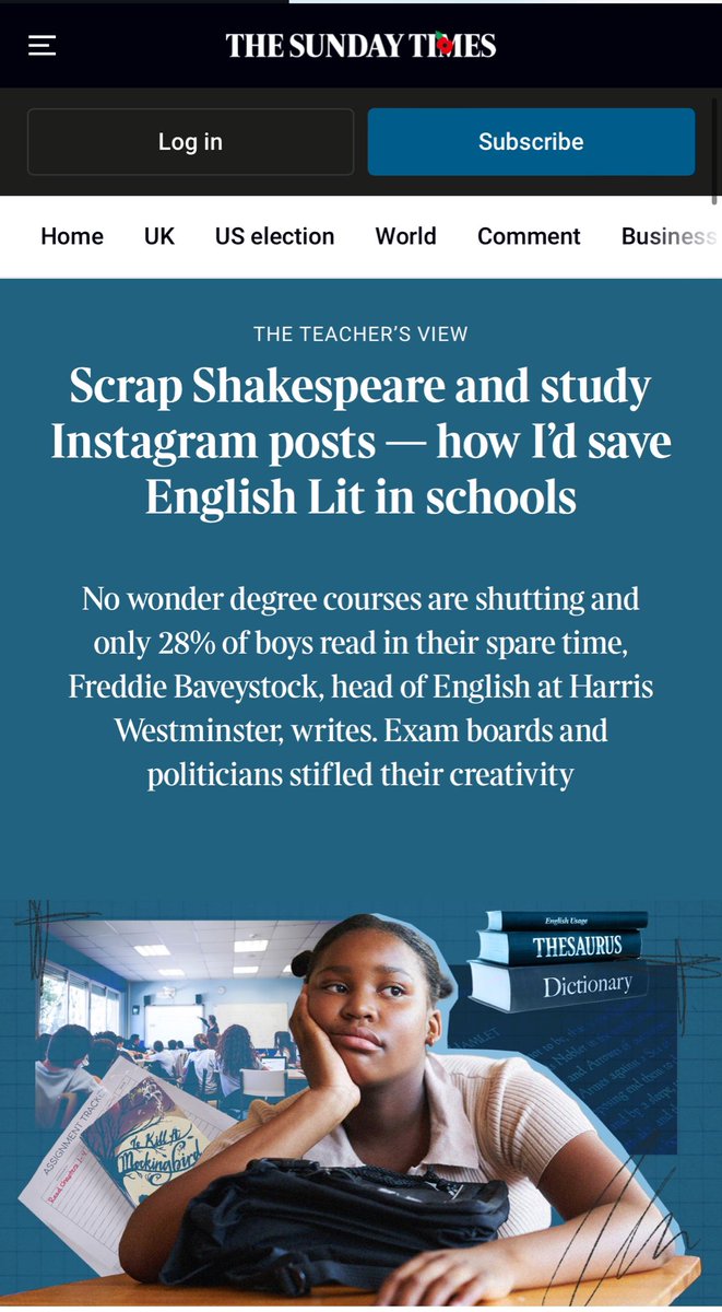 Mouhssin_Ismail's tweet photo. ‘The most widely studied literary text in the UK these days is JB Priestley’s An Inspector Calls, closely followed by A Christmas Carol and The Strange Case of Dr Jekyll and Mr Hyde. These are not books to ignite a passion for reading. I would happily throw out the study of Dickens from schools, and likewise Priestley. Even our obsession with Shakespeare needs discussion. I am open to the idea of an entire Shakespeare text not being mandatory at GCSE but can you imagine the outcry?’ 

‘All is not lost. I sit on a working party that is looking at how to reform the English GCSE. The government has begun a review of the curriculum and some ministers are listening.’

I hope there are some opposing views to provide a balanced perspective. 

https://t.co/99WKRXw5k7