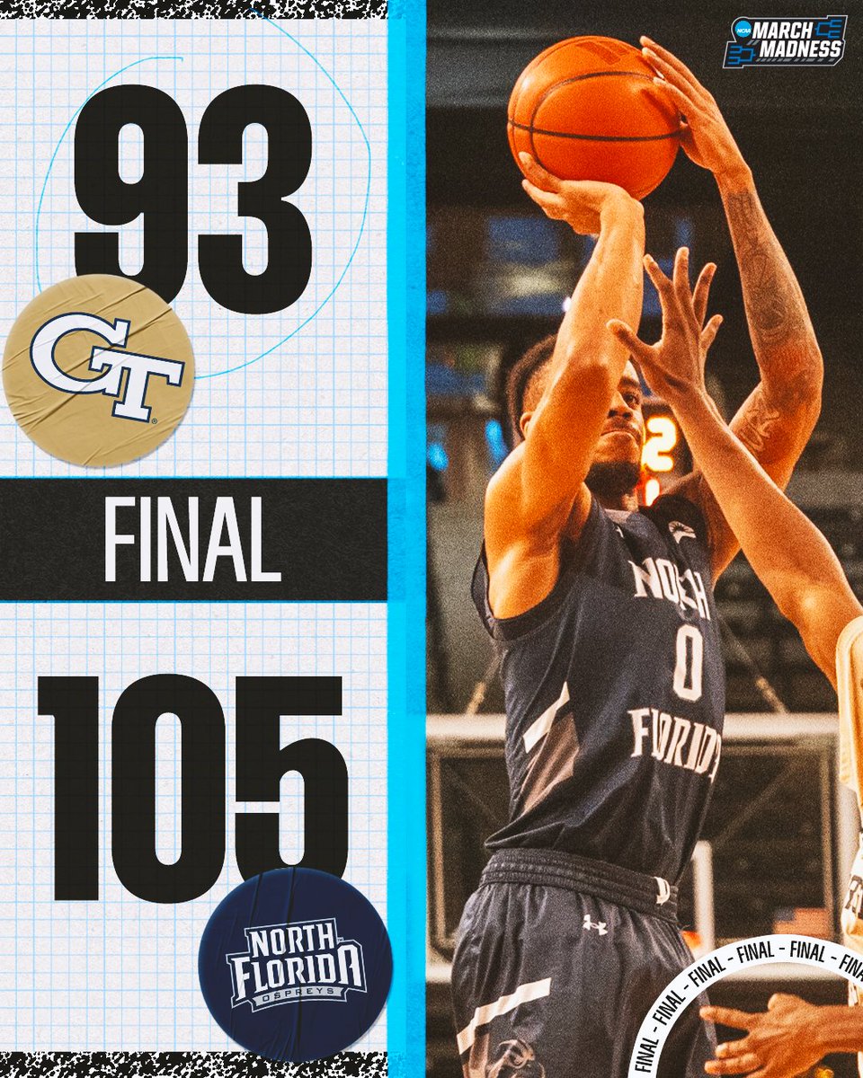 MarchMadnessMBB's tweet photo. NORTH FLORIDA DOES IT AGAIN 👀

The Ospreys take down Georgia Tech in Atlanta 🫨 https://t.co/I51J6DJzDy