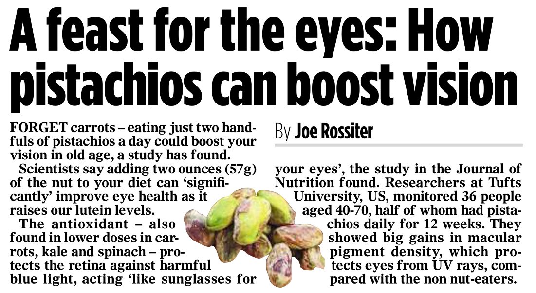 _JoeRossiter's tweet image. Eating just two handfuls of pistachios a day could boost vision in later life
✍🏼 Mail on Sunday @MailOnline