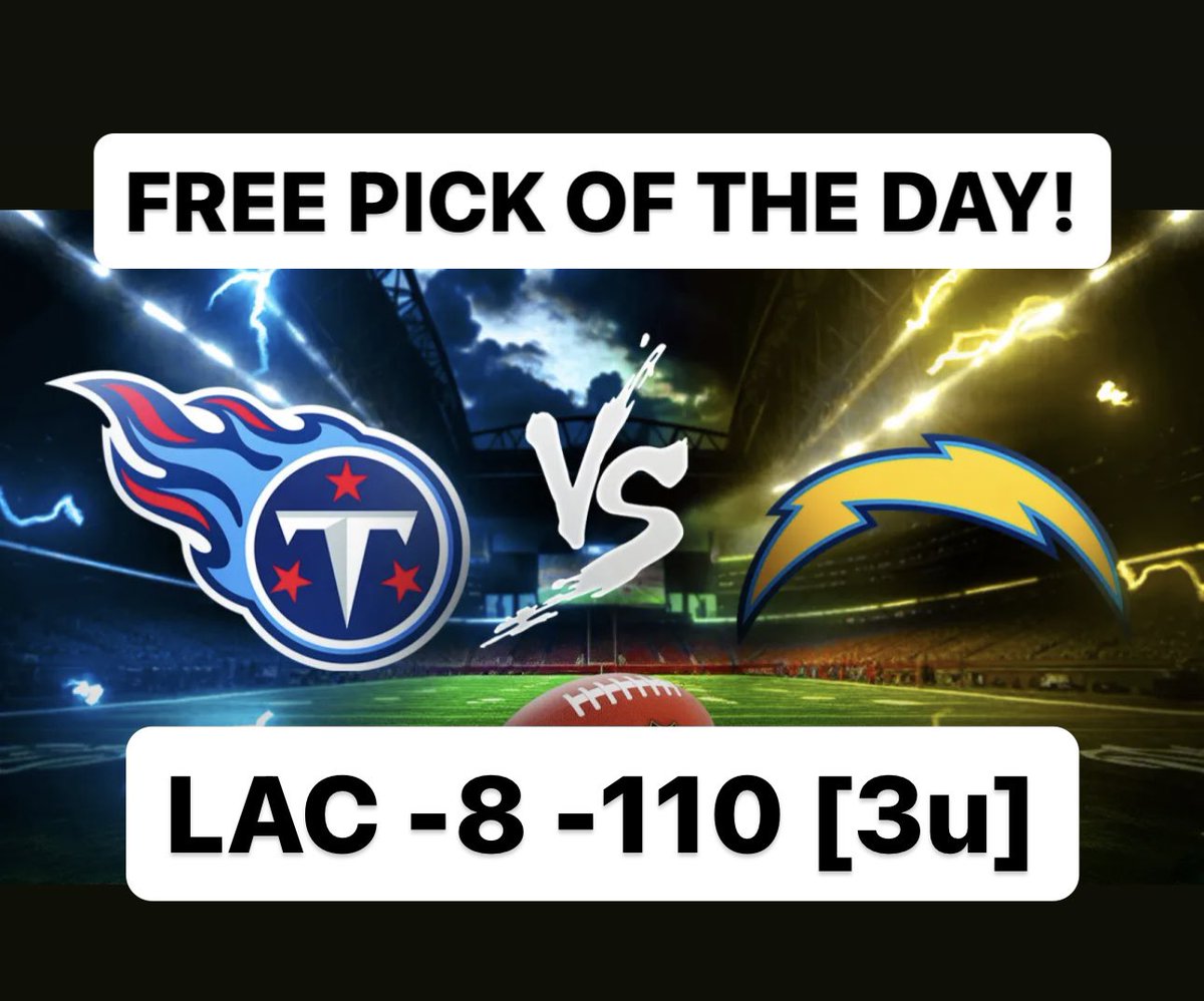 SportPOTD's tweet photo. LETS GET THIS CHARGERS! ⚡️

#gamblingtwitter #freepicks #bettingtips #sportsbets #sportsbettingadvice #sportsbetting #NFL  #picks #nba #betting #gamblinginstagram #SportsPicks #winning #gambling #ncaaf #football #money #NCAA #football #CarlingKnockout #INDvsAUS #Blast #PAKvsAUS https://t.co/Pu8f1JQxy3