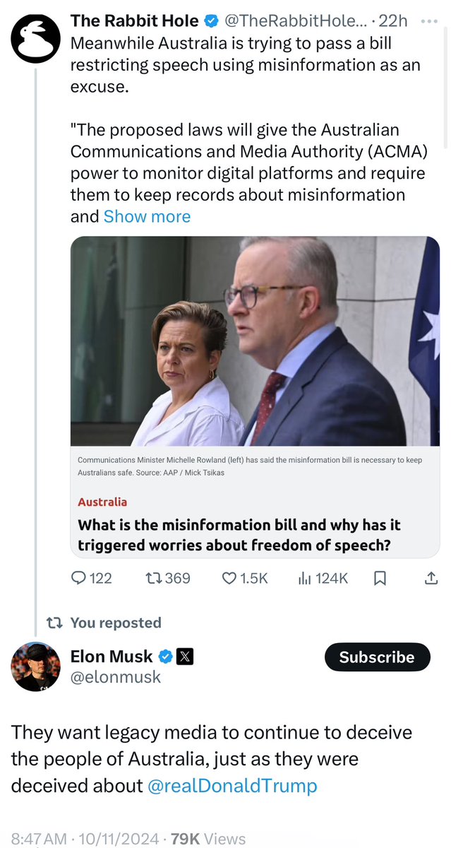 Humanspective's tweet image. Breaking: Elon Musk responds to Australia’s dystopian misinformation bill