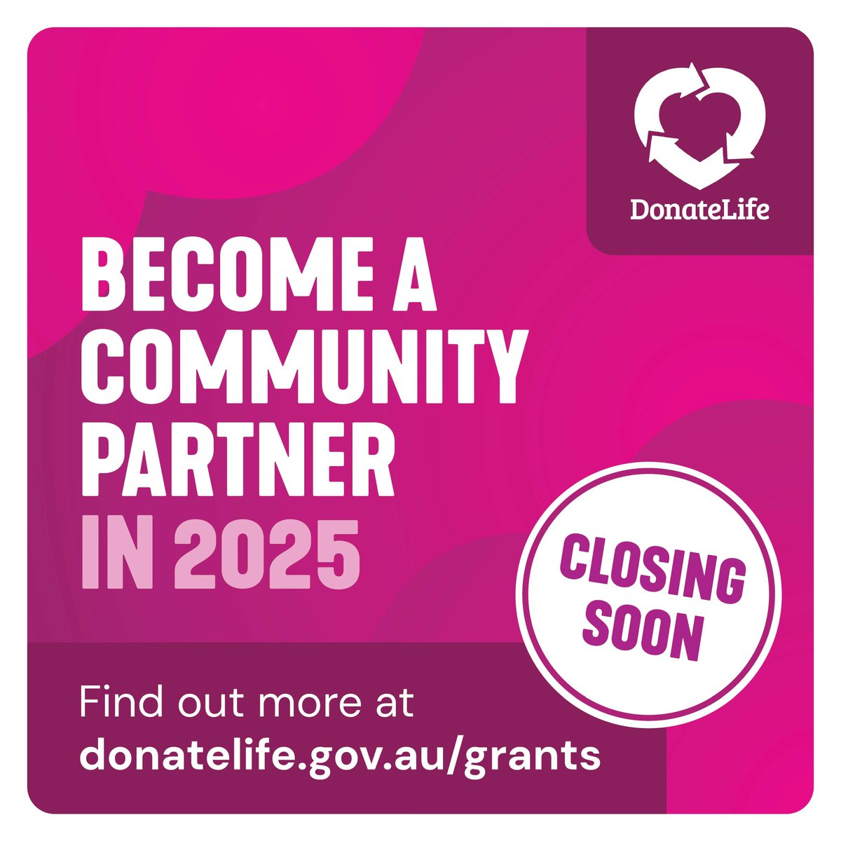 DonateLife π (@donatelifetoday) on Twitter photo π
 Closing soon! Apply now to be a DonateLife community partner in 2025 and help us raise awareness of organ and tissue donation in Australia. Up to $600,000 in grants are available. Learn more here: donatelife.gov.au/about-us/grantβ¦ π
 Closing soon! Apply now to be a DonateLife community partner in 2025 and help us raise awareness of organ and tissue donation in Australia. Up to $600,000 in grants are available. Learn more here: donatelife.gov.au/about-us/grantβ¦