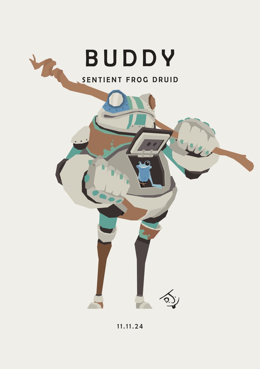 Sketchgoblin's tweet photo. Once an ordinary frog in the mudflats outside Waterdeep, Buddy's life took a strange turn when a Druid transferred his mind into him. This left Buddy with a blend of froggy instincts and newfound awareness. He also pilots a warforged-style mech created by an artificer. 
#Druid https://t.co/eBXXBIbWks