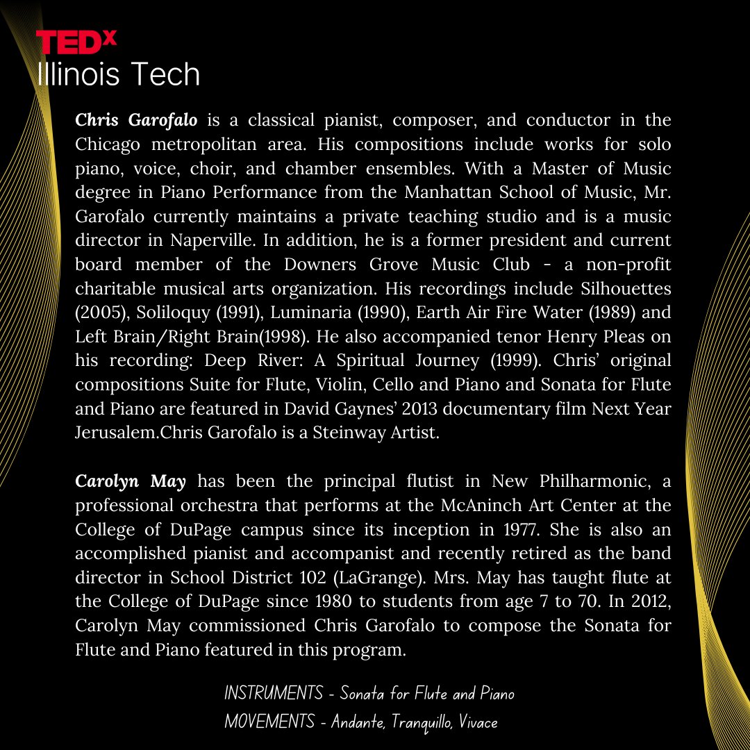 TedxIITC's tweet photo. 🎶 Performer Alert! We're thrilled to welcome Carolyn May, principal flutist &amp; accomplished pianist, and Chris Garofalo, renowned classical pianist, composer &amp; Steinway Artist from #Chicago!🎹
Join us for their captivating performances at #TEDxIllinoisTech on Nov 23! 🌟 #Music https://t.co/TloxQaGfVC