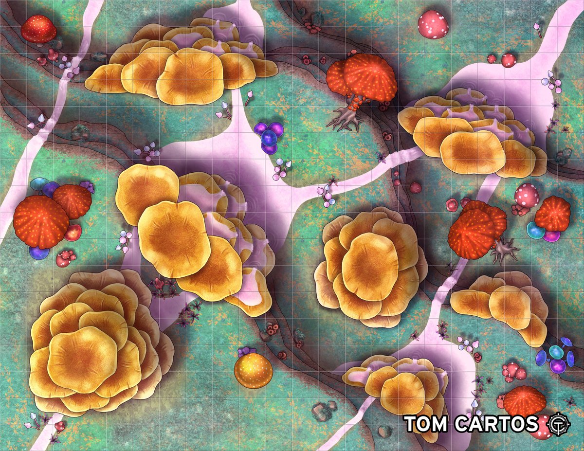 A glowing pink liquid cascades in small streams down the hillside, collecting in pools in the upturned cups of giant webcaps. The fungi seem to quiver in delight as the luminous water spills over their edges.