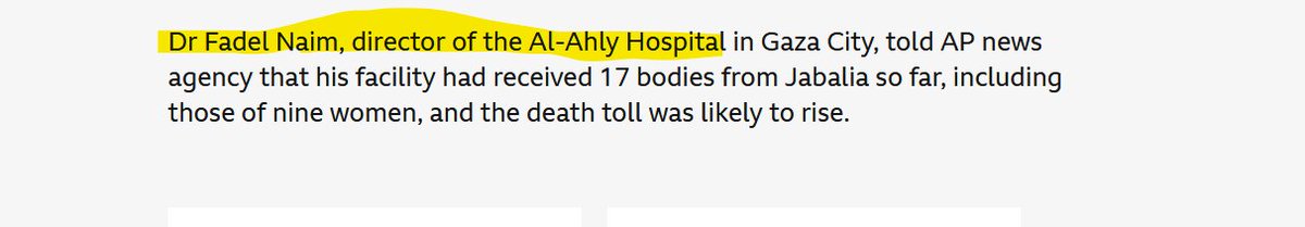 mishtal's tweet image. Dear @bbcnews - a question.

You are running yet another article about a massacre in Gaza.

The person you chose to be you reliable source for this story is Fadel Naim-  the Director of Al Alhy hospital in Gaza.

You even call him a Dr...So let&apos;s look at your source 1/4
