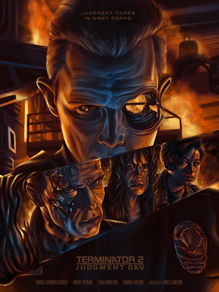 NateBeasley's tweet photo. Finally got around to creating a fan poster of my favorite movie: Terminator 2. Great action, effects, acting, soundtrack – everything still holds up so well. Much love to @Schwarzenegger @robertpatrickT2, Hamilton, Furlong, Cameron and all the talented crew. https://t.co/YlkYXPhKnp