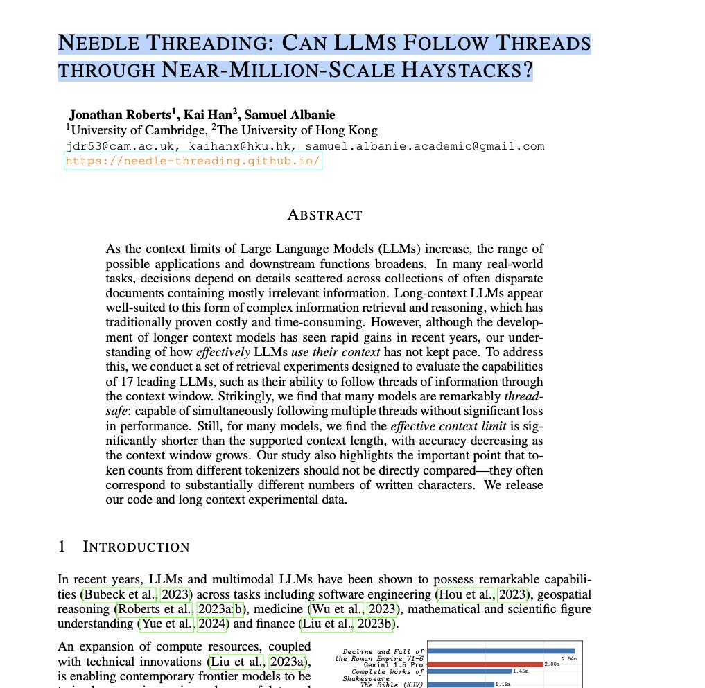 👉 Something we found interesting about "needle threading" in LLMs.

🎯 LLMs can perform inference on inputs up to their context limits, their effective context limit is much shorter and their performance decreases as the context window grows.