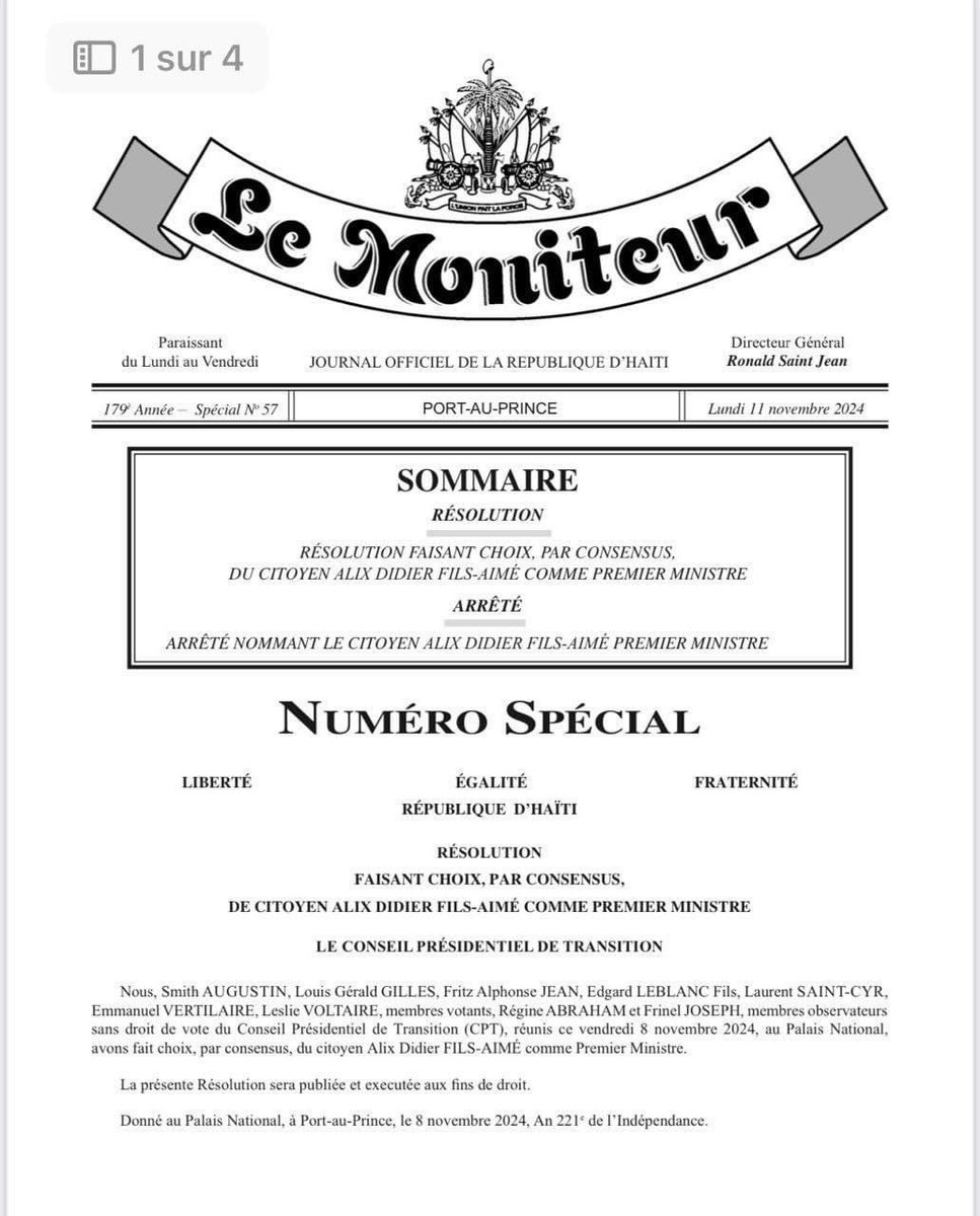 Tandekozeht's tweet photo. Se konfime! CPT a revoke Garry Conille e yo ranplase l pa Didier Fils Aimé. Le moniteur pibliye arete a jodi a https://t.co/blVinLru4u