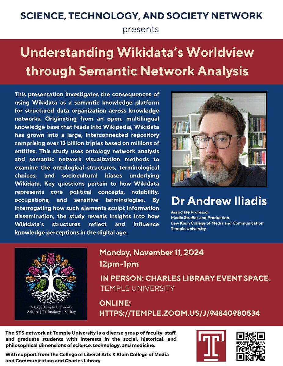 sts_temple's tweet photo. Make sure to join us tomorrow (Monday, 11/11 @ 12-1) for a great talk from Dr. Andrew Iliadis on Wikidata!  We hope to see you there! https://t.co/MnNaAqLCrc