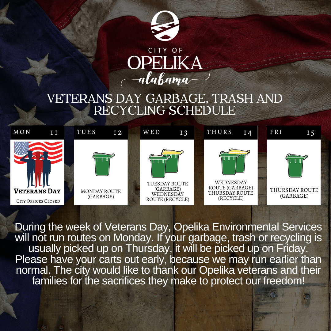 Garbage, Trash and Recycling Schedule for Veterans Day week