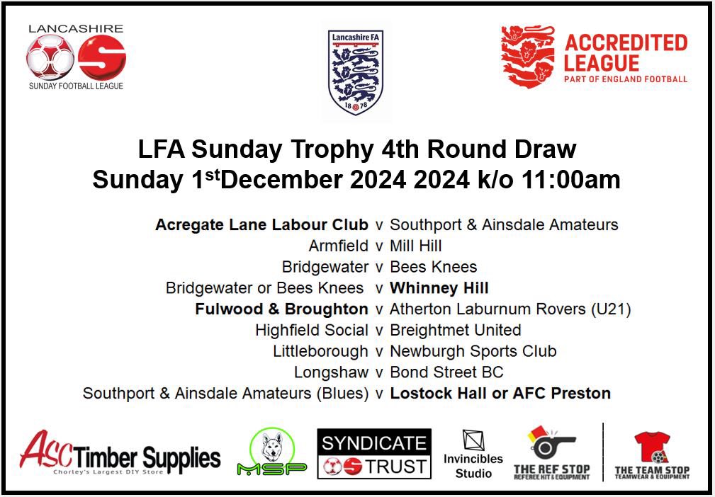 Here is the draw for the 4th round (last 16) of the LFA Sunday Trophy. It will feature 4 of our clubs in the 8 ties. 

The Lostock Hall v AFC Preston 3rd round tie will be decided this coming Sunday with the winner taking on Southport &amp; Ainsdale Amateurs.

Ties scheduled to be