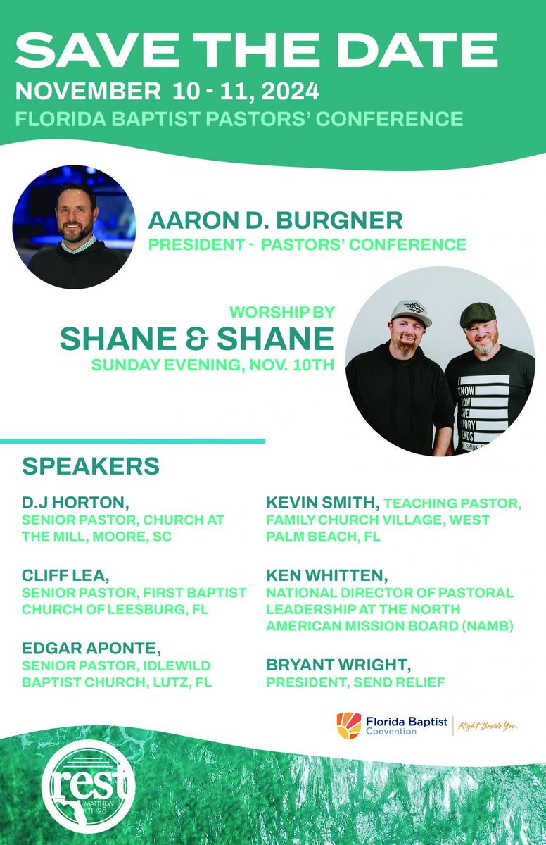 FloridaBaptists's tweet photo. Florida Baptist Pastors’ Conference is starting tonight with worship led by @shaneandshane and a Biblical message by @dj__horton. Watch live at https://t.co/4eZEgUFUvP See you there! #FBSC24 https://t.co/Y8zhQ5Ijbh