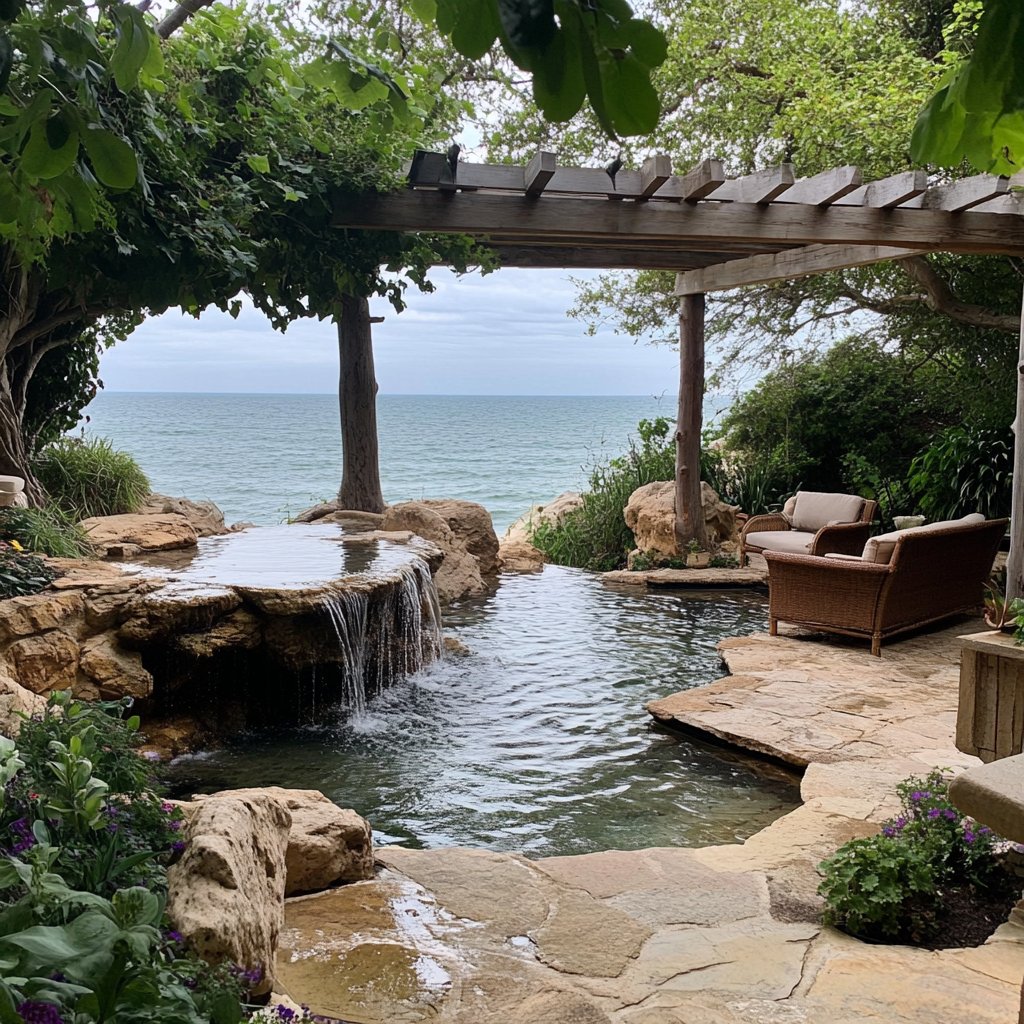 Stephenwycoff's tweet image. Dreaming of this serene oceanfront garden 🌊💦 Where would you relax—by the waterfall or on the cozy couch? #NatureEscape #WaterfallVibes