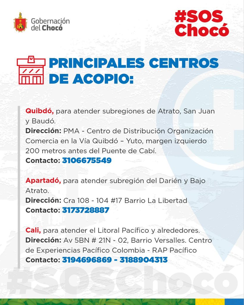 ¡El Chocó necesita tu ayuda! 🔔🫱🏽‍🫲🏾

La situación en el Chocó es crítica y se requiere de nuestra solidaridad. La Oficina de Gestión del Riesgo Departamental está recibiendo ayuda humanitaria de emergencia para apoyar a las familias afectadas. #SOSChocó 

🚨¿Qué puedes donar? ⬇️