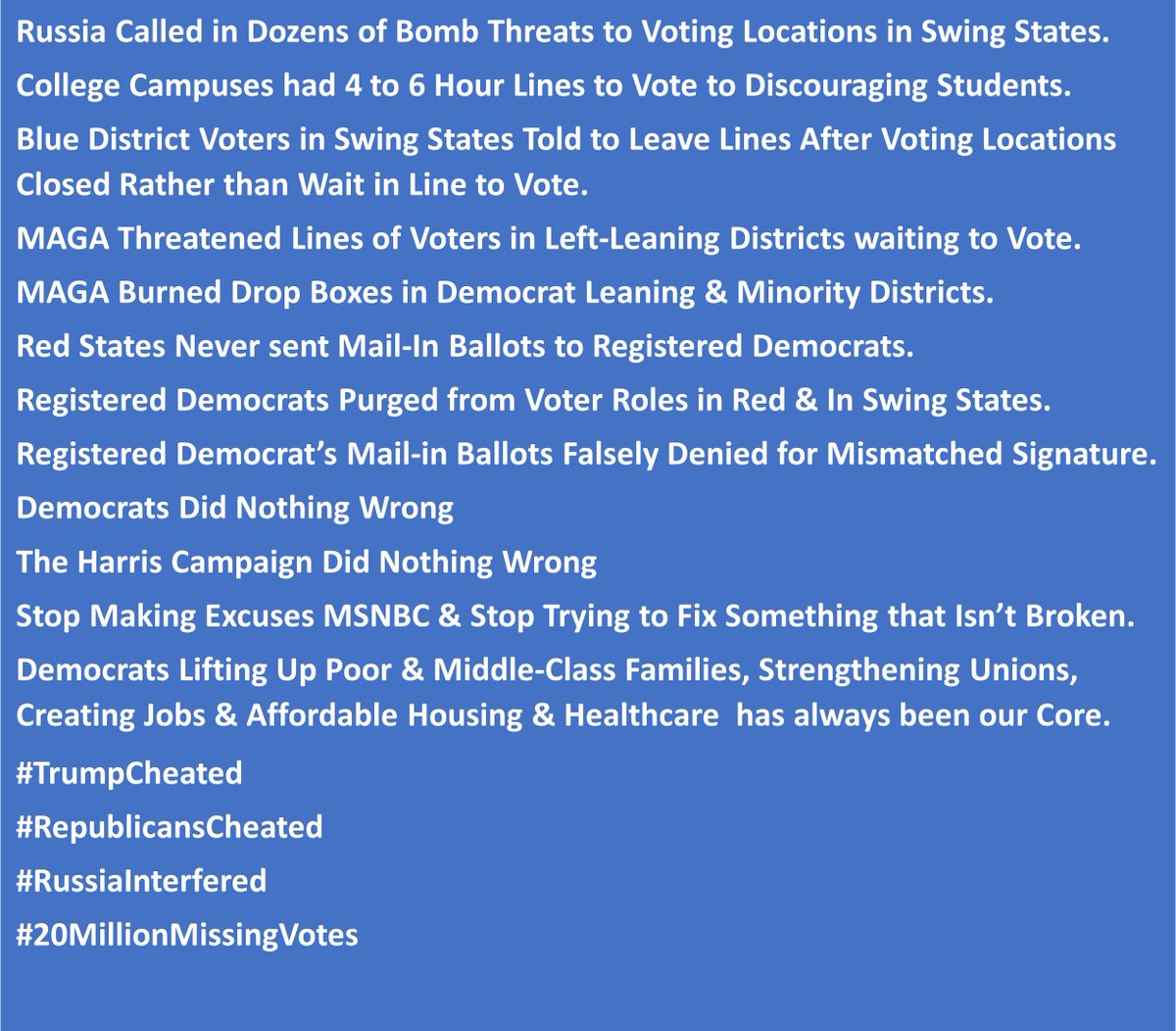 To Kamala Harris, Walz &amp; all the Democrats that sent me hundreds of texts / emails asking me to Favor them by Contributing to their Campaigns.
Now Do Me a Favor: demand an investigation into Musks, Russian Operative's &amp; Republican Election Interference &amp; Hand Recount every ballot