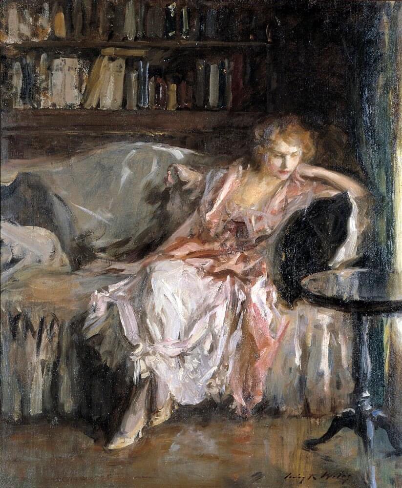 Irving Ramsey Wiles (American, 1861-1948) - Her Leisure Hour　1925　oil on canvas　(69 × 57 cm)　Smithsonian American Art Museum, Washington D.C.